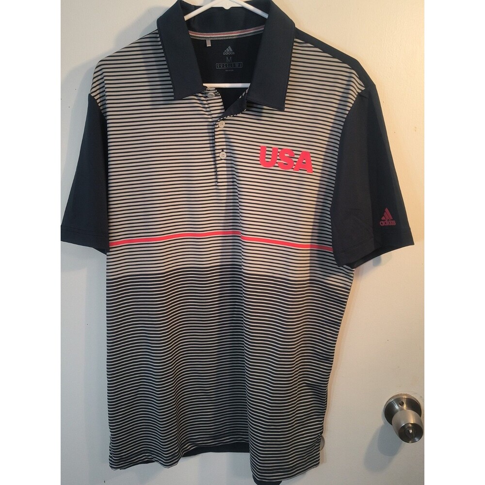ADIDAS USA Golf Polo Shirt Mens Size M Blue Striped Ultimate 365 Team USA Short